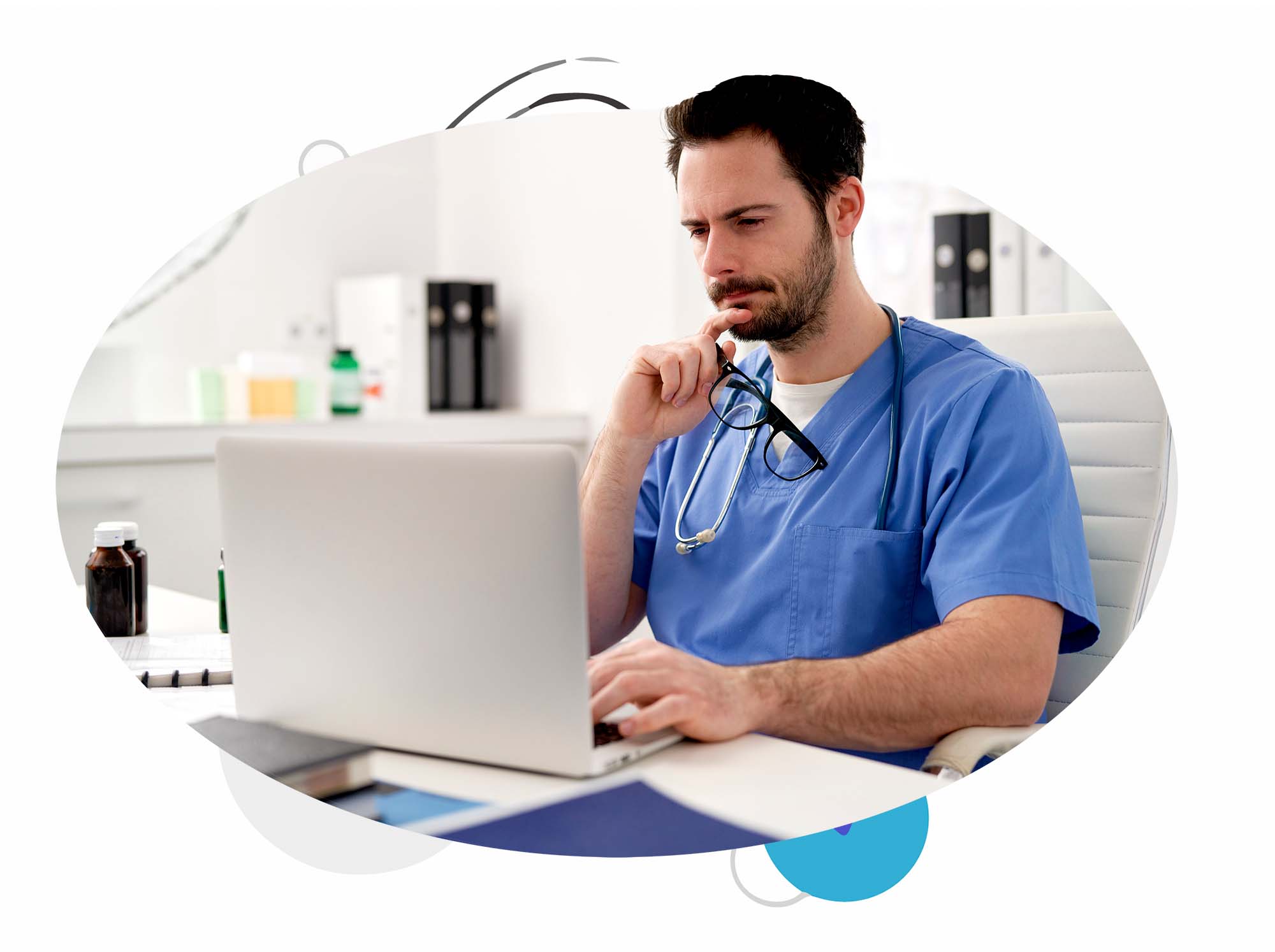 Concentrated male doctor using laptop searching for MRP products 